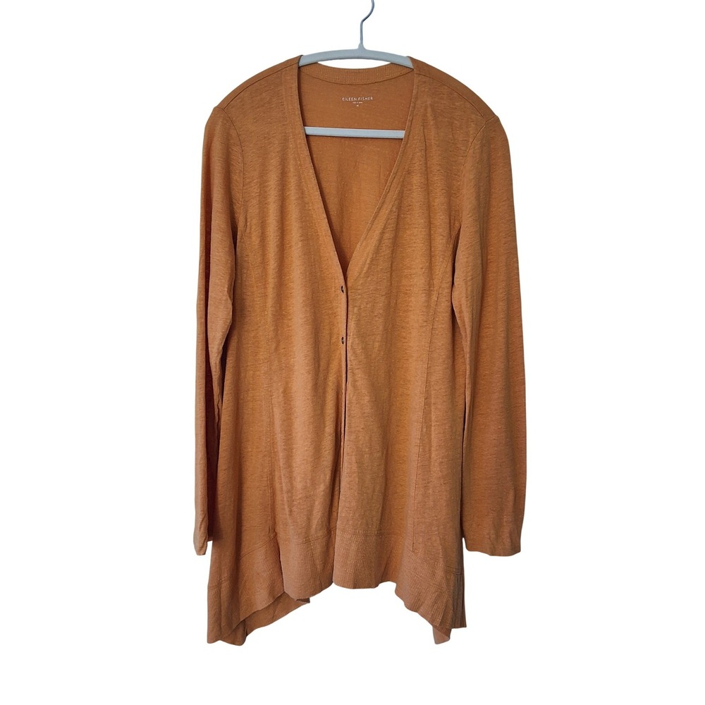 Eileen Fisher M Button Up V-Neck Cardigan Linen Coastal Asymmetrical Mature NWOT